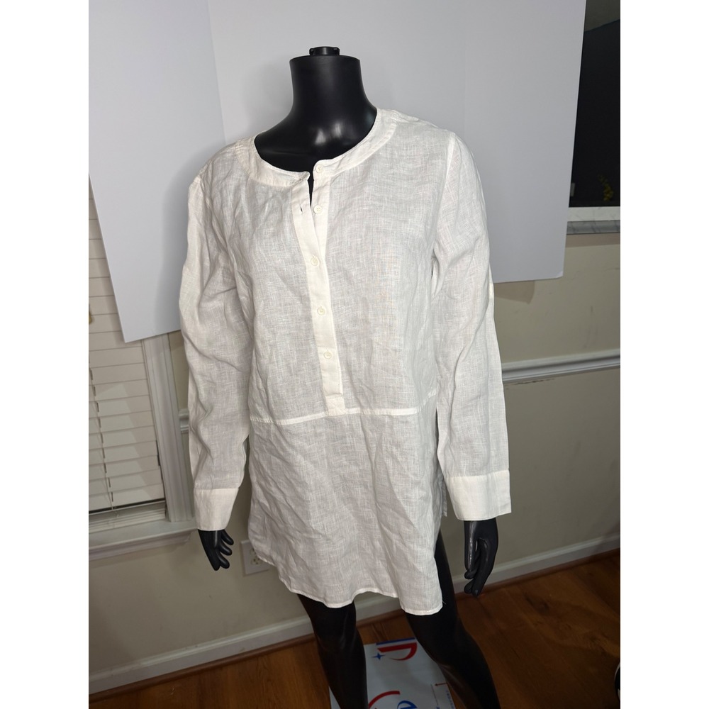 Eileen Fisher White Linen Roll Tab Sleeve Tunic Shirt Button Front  Blouse